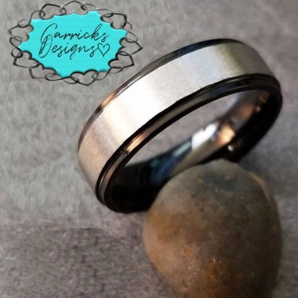 Men's Two Tone Silver and Black Wedding Band Step Edges  Sizes 5 - 13 Available - Picture 8 of 8